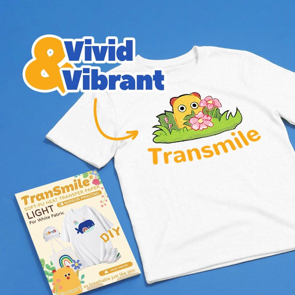 TranSmile PU-Heat Transfer Paper for Inkjet Printer (White, 40 Sheets, 8.5 x 11'') Printable Heat Transfer Vinyl for White Fabric, Iron on Transfers for T Shirts