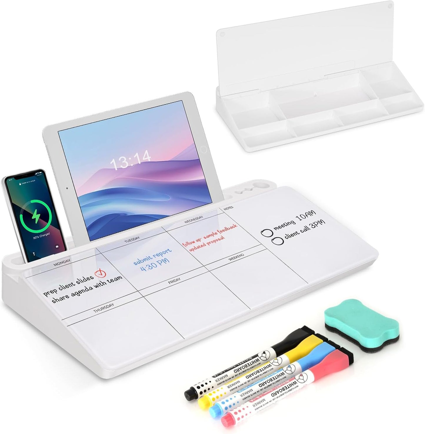 Desktop Glass Whiteboard with Storage, Weekly Calendar Desk Dry Erase White Board, Desk Organizers and Accessories, Weekly Planner Board for Planning, Memo, Note, Office, Home, College, School - White