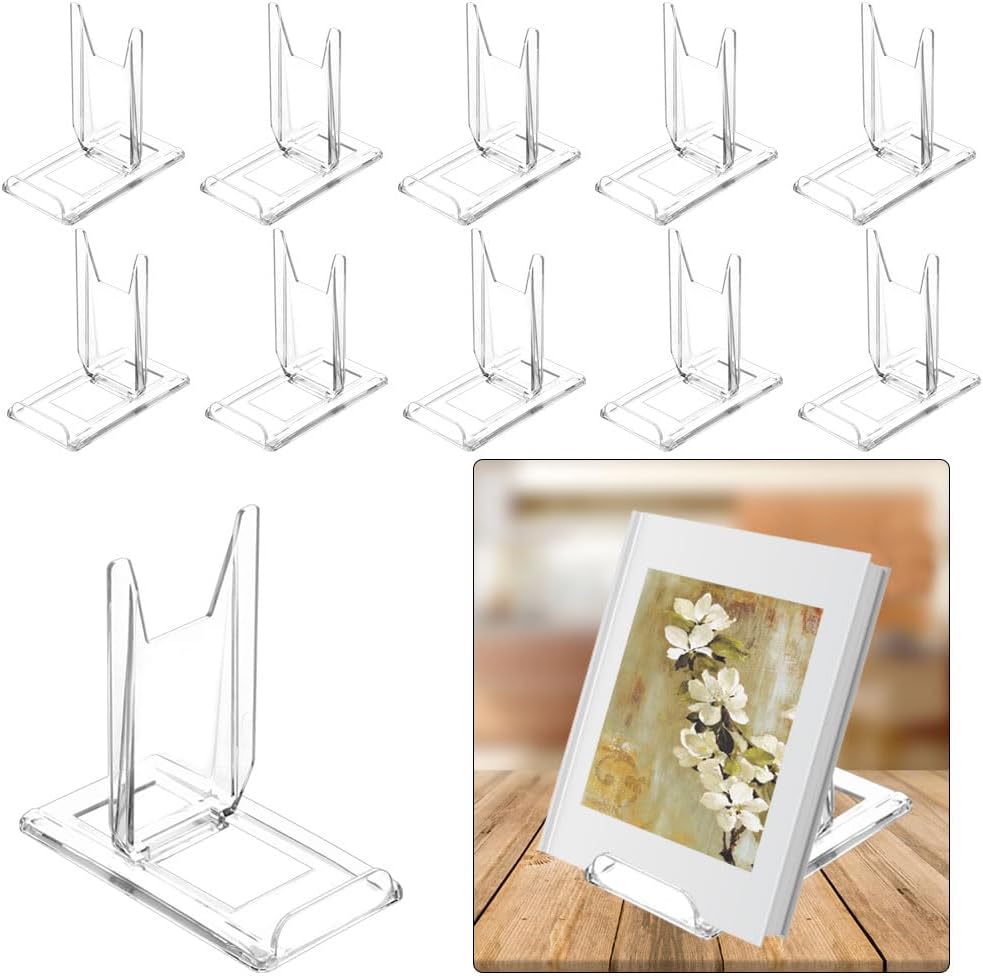 （10 Pack ）Acrylic Book Stand for Display Adjustable Clear Display Holder Easel Collector Stand for Home Office Back to School Comic Album CD Magazine Postcard Artworks (4.2 x 4.3 x 2.35 Inch)