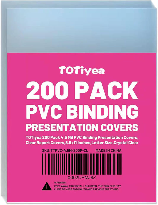 TOTiyea 200 Pack 4.5 Mil PVC Binding Presentation Covers, Clear Report Covers for Binding,8.5x11 Inches,Letter Size