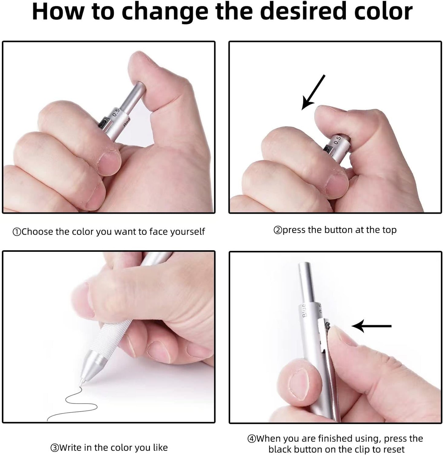 YOUMI 멀티컬러 펜 4 in 1 다기능 펜, 금속 케이스 0.5mm 샤프 레드 볼펜, 블루 볼펜 및 블랙 볼펜, 저널링용 선물 (블루)