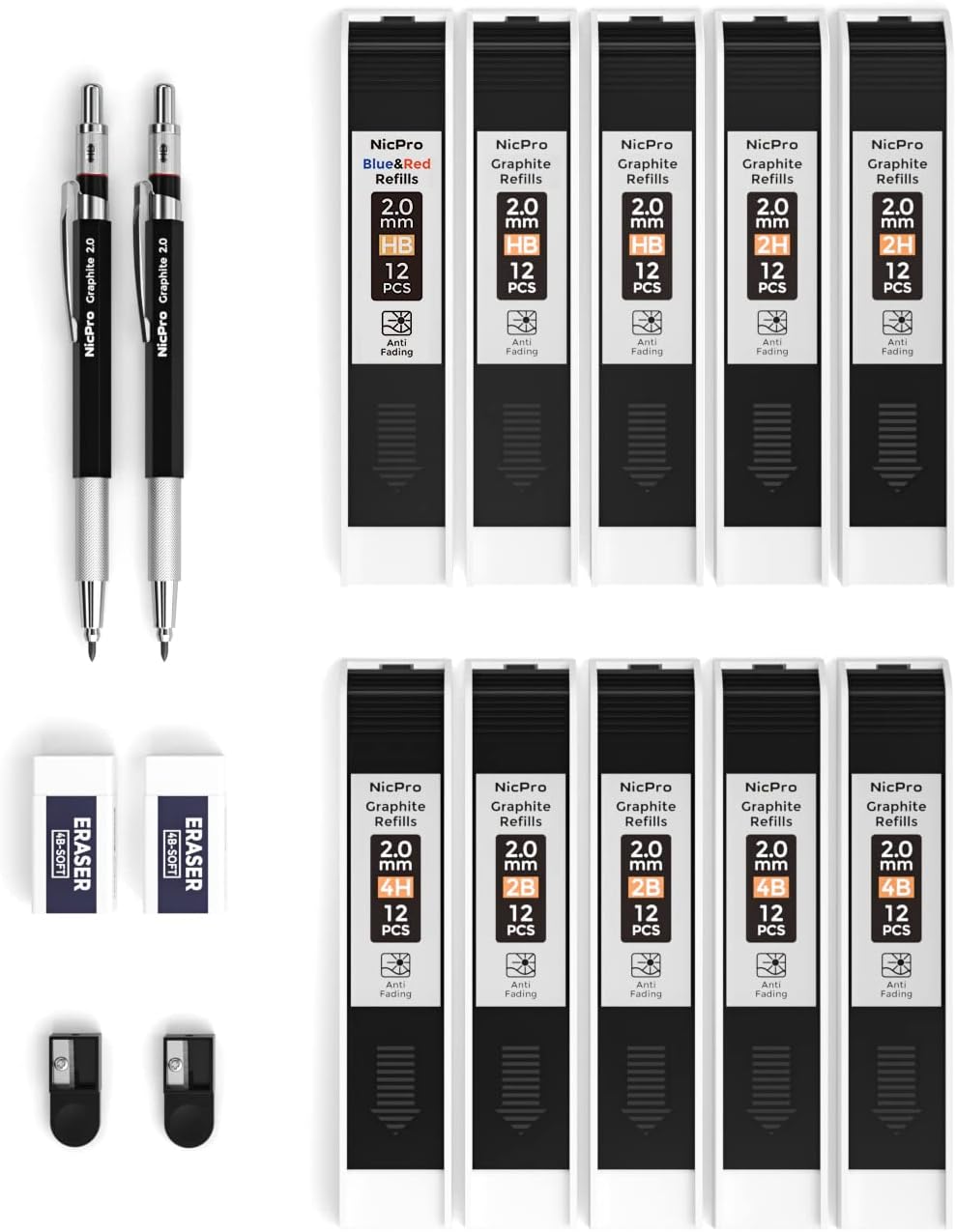 Nicpro 2mm Metal Mechanical Pencil Set, 2PCS Lead Holder 2.0 mm Marker Artist Carpenter Pencils with 120 Graphite Lead Refill (HB 2H 4H 2B 4B & Color), 2 Eraser for Drafting, Drawing Writing Sketching
