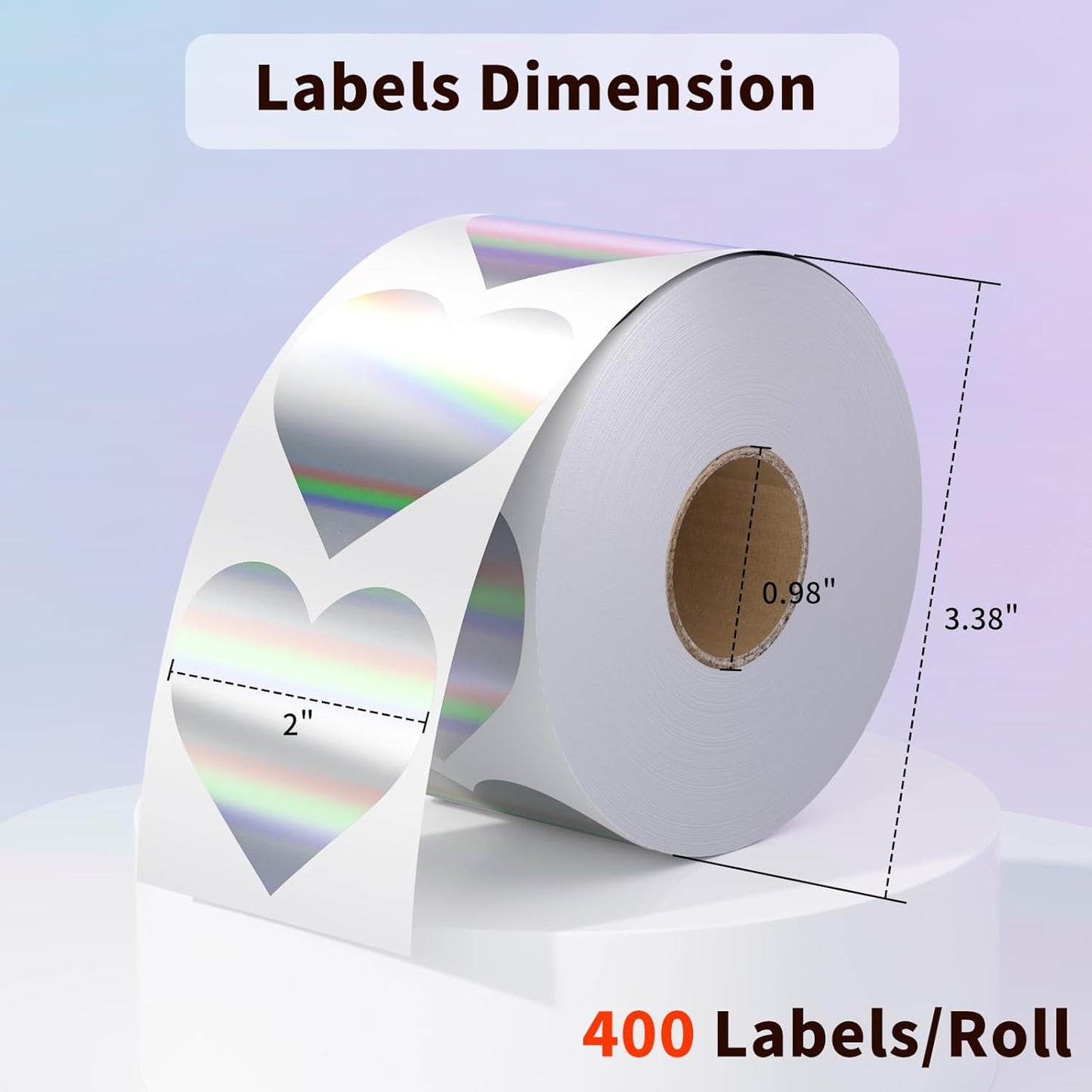 RBHK 2 Inch Holographic Thermal Labels, Self Adhesive Heart Shape Waterproof Thermal Labels, Multipurpose Direct Thermal Sticker for DIY Logo Design, Thanks Card, 400 Labels/1 Roll