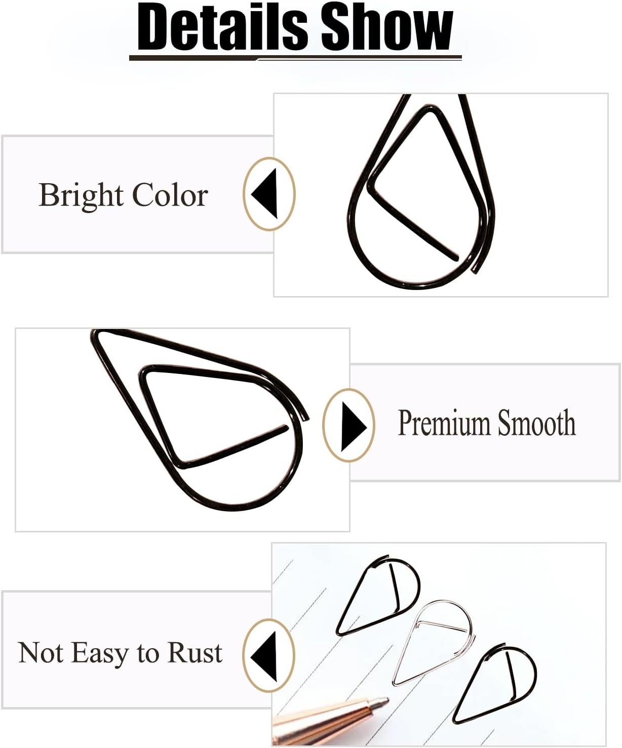 200 Pcs Teardrop Paper Clips Bulk,Stainless Steel Rust-Resistant Paperclips for Wedding Invitations, 3X Stronger Hold with Mirror Polish (Silver + Black, 1inch)