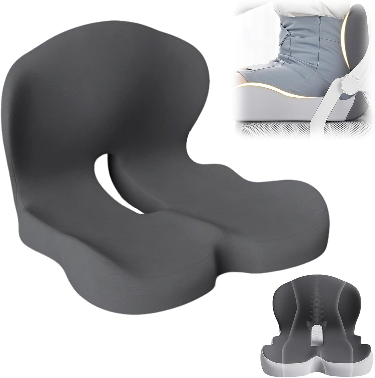 Back and Seat Cushion, 2025 New Ergonomic Non-Slip Memory Foam Seat Cushion with Back Support, L-Shaped Breathable Seat Cushions for Car, Office, Home (Dark Gray)