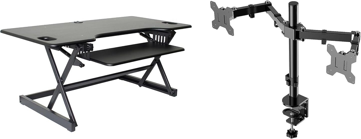 Rocelco 46" Large Height Adjustable Standing Desk Converter with Double Monitor Mount Arm BUNDLE - Quick Sit Stand Up Computer Workstation Riser - Retractable Keyboard Tray - Black (R DADRB-46-DM2)