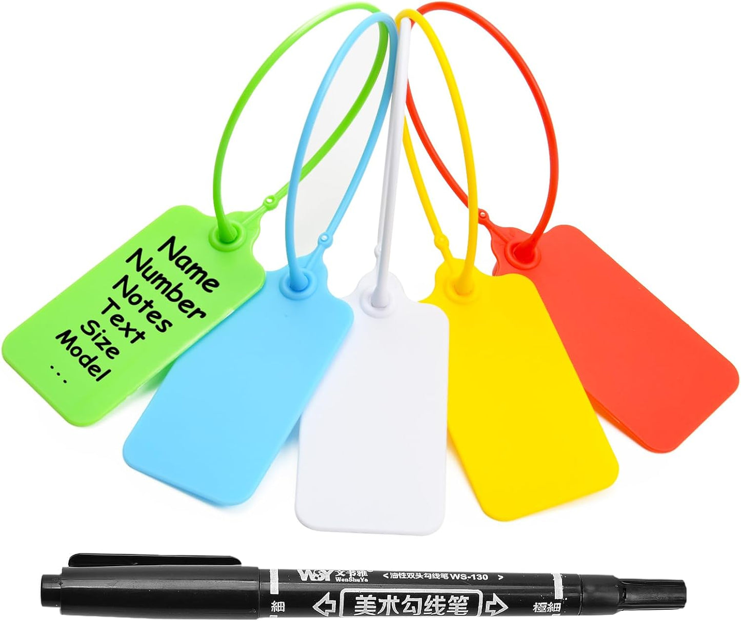 100 Blank Plastic Tags for Labeling Waterproof Hanging Labels Writable Tags Seal Plastic Marking Label for Clothes Bags Keys Inventory with One Marker Pen (Mixed 5 Color)
