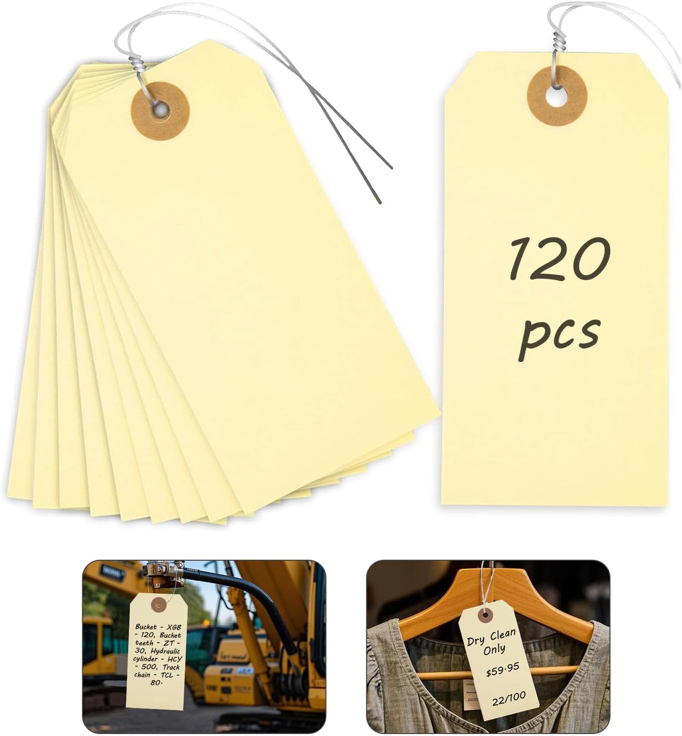 SallyFashion Tags with Metal Wire Attached, 120 PCS Blank Manila Pricing Tags for Labeling, Equipment Shipping Labels with String for Luggage Garage Clothing Inventory, 4 3/4" x 2 3/8"