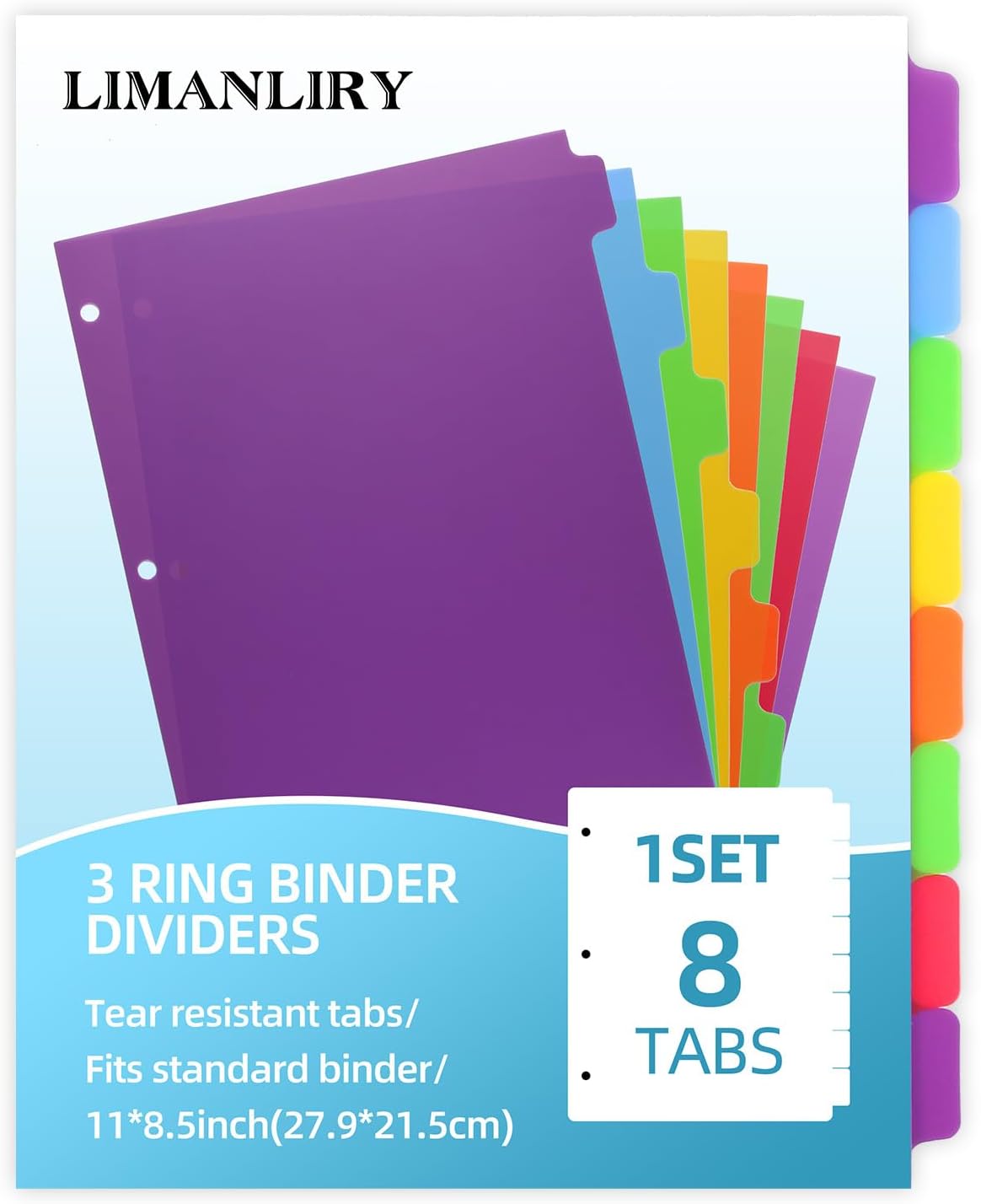 3 Set Plastic Binder Dividers with Tabs,Multicolor Index with 8-Tabs,Divider for 3 Ring Binder