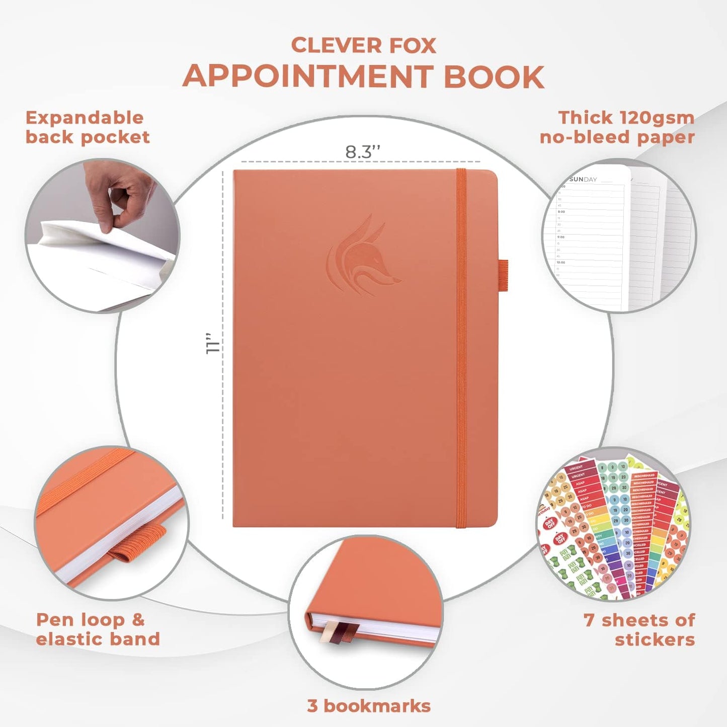 Clever Fox Appointment Book – Hourly Schedule Planner with 15-Minute Increments – Time Box Planner for Daily Work & To-Dos – Weekly & Monthly Spreads, Undated, Hardcover, 8.3x11″ (Terracotta)