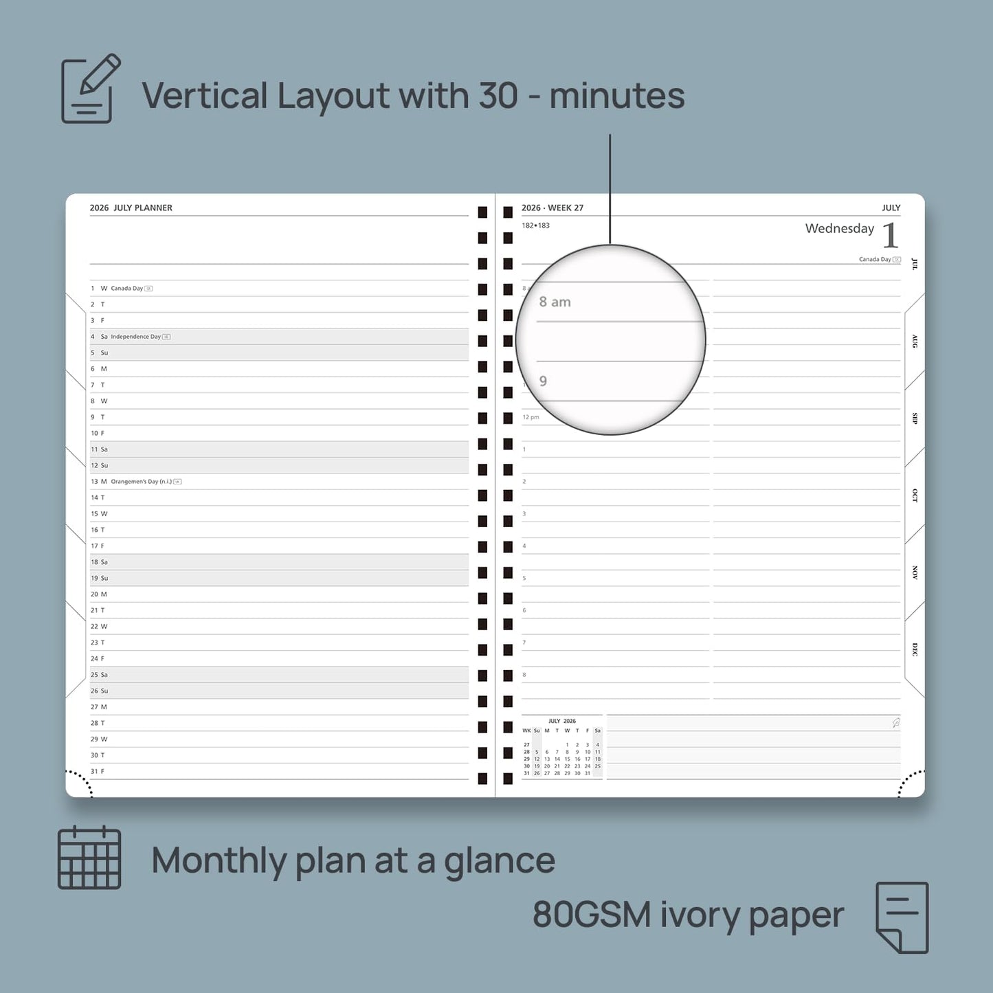 POPRUN 2026 Daily Planner One Page A Day - [A4 Large Size 8.25" x 12" -Spiral Hard Cover], Agenda 2026 Hourly Appointment Book with Monthly Calendar, Pen Holder, Ivory Paper -Black