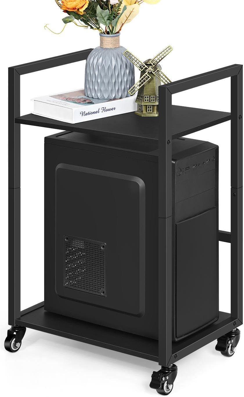 SEHERTIWY 2 Tier Computer Tower Stand, Black CPU Holder Stand Cart with Rolling Caster Wheels, Mobile PC Tower Stand for Office Home Studio