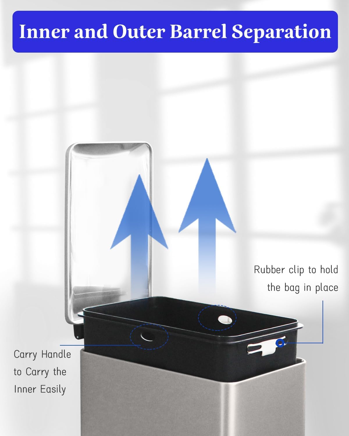 8 Gallon Slim Trash Can with Soft Close Lid, Stainless Steel Trash Can with Removal Inner Bucket, Hand -Free Trash Bin for Kitchen, Office, Laundry, Bathroom, 30 Liter Capacity, Grey