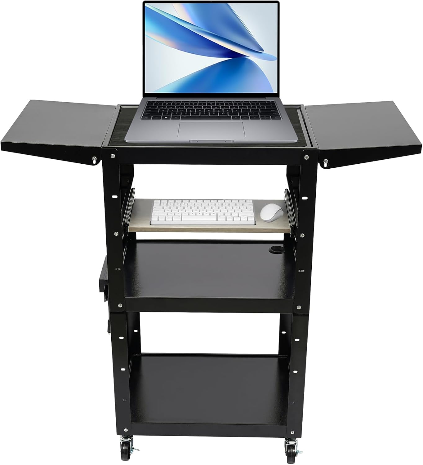 Black Steel AV Cart with Wheels & Power Strip Height Adjustable Rolling Computer Cart w/Folding Drop Leaves Media Cart Projector Cart, 300 LBs, 24 * 18 * 41.75in