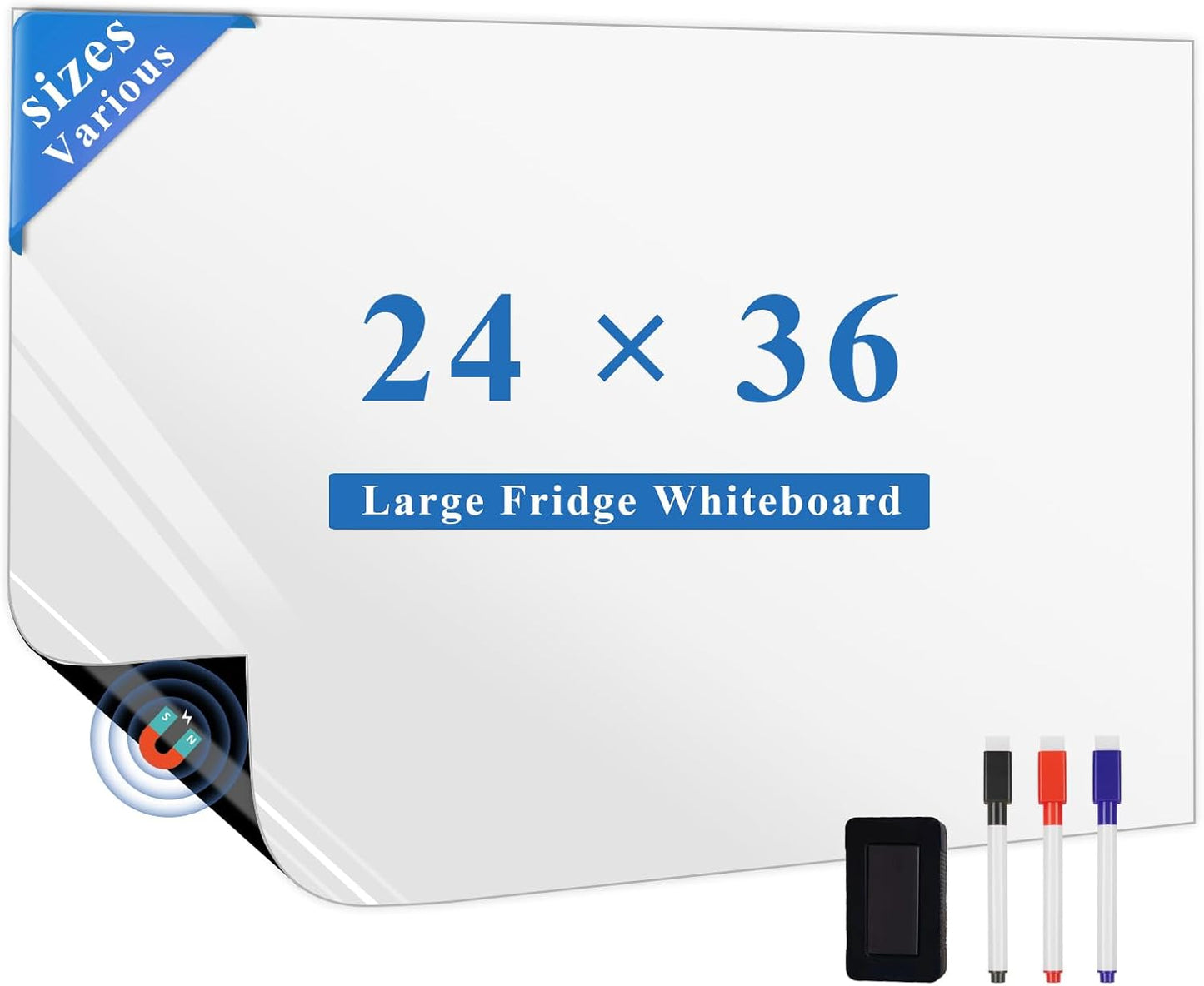 Magnetic Fridge White Board Paper, 24" x 36" Large Dry Erase Board Sheet for Organizer and Planner, Kitchen Refrigerator Whiteboard for Family to-do List, Includes Markers and Eraser