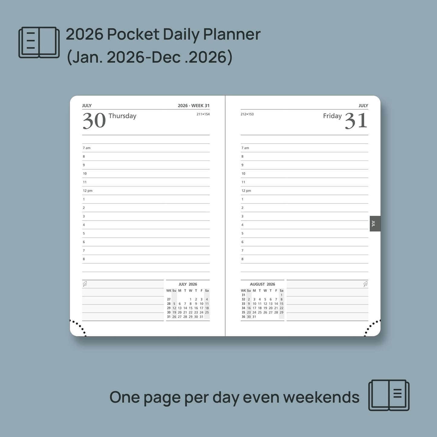 POPRUN Daily Planner 2026 (Jan - Dec), (Purse Size-4.25" x 6.25") 2026 Daily Calendar with One Page Per Day Even Weekends, Hourly Appointment Book with Pocket, PU Leather Softcover - Pink