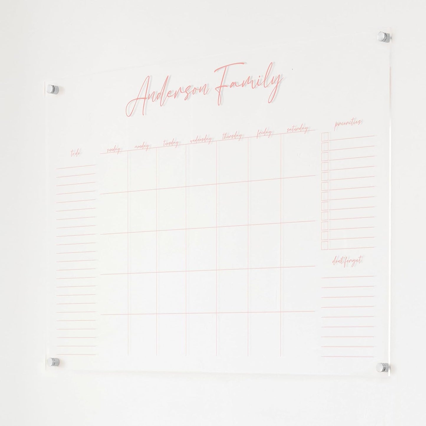 Personalized Clear Acrylic Calendar for Wall, Calendar Whiteboard for Wall, Dry Erase Wall Calendar, Wall Calendar Organizer System for Home (Cursive, Blush, 38"W x 26"H)