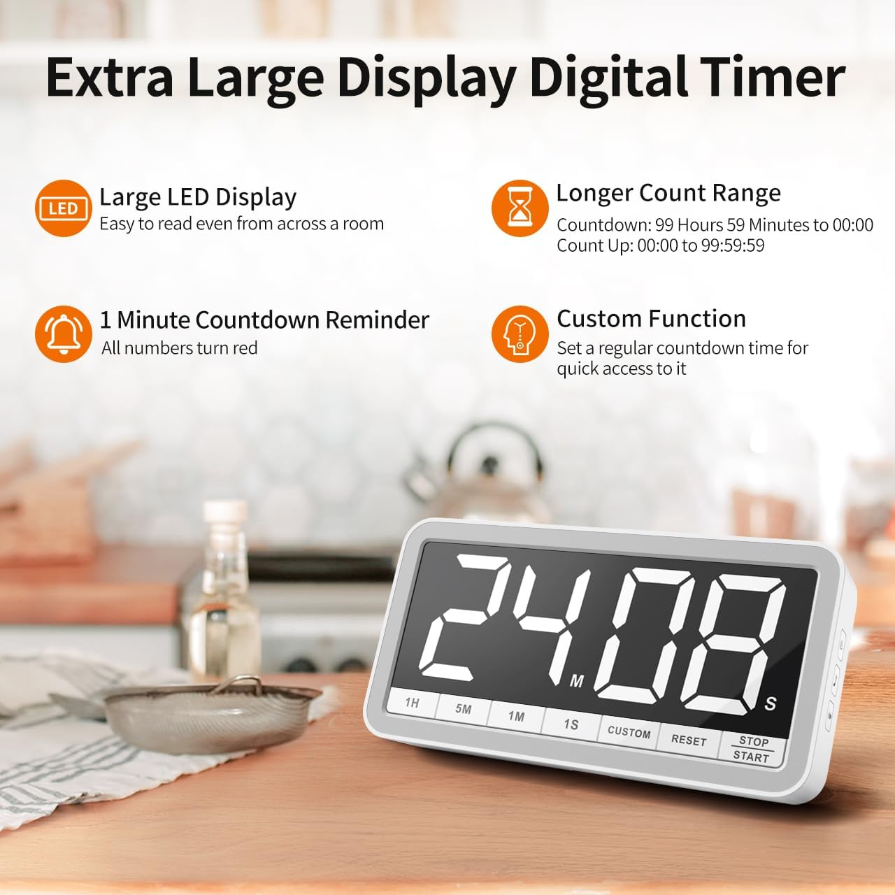 VOCOO Digital Kitchen Timer with 7.8” Extra Large Display, Magnetic, LED with 3 Brightness, 4 Alarms and 3 Volume Levels, Battery Countdown Count Up Timer for Cooking, Classroom, Home Gym (White)