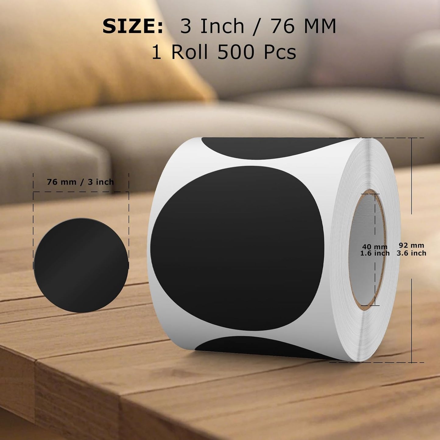 500 PCS Circle Dots Stickers 3 Inch Vinyl Black Round Labels Removable Waterproof Color Coding Floor Sticker Roll for Inventory Office Classroom Organize
