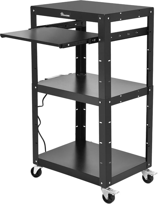 YITAHOME Large AV Cart with 16.4ft Extra-Long Cord, Metal Presentation Cart with Keyboard Tray, Rolling Media Carts with Wheels and Power, 2 Locking Brakes, Easy to Assemble, Black
