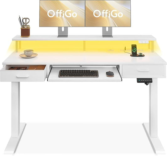 OffiGo Electric Standing Desk with Drawers & Keyboard Tray, 55 Inch Height Adjustable Desk with Power Outlets & LED Lights, Sit Stand Table with Monitor Stand for Home, Office, White