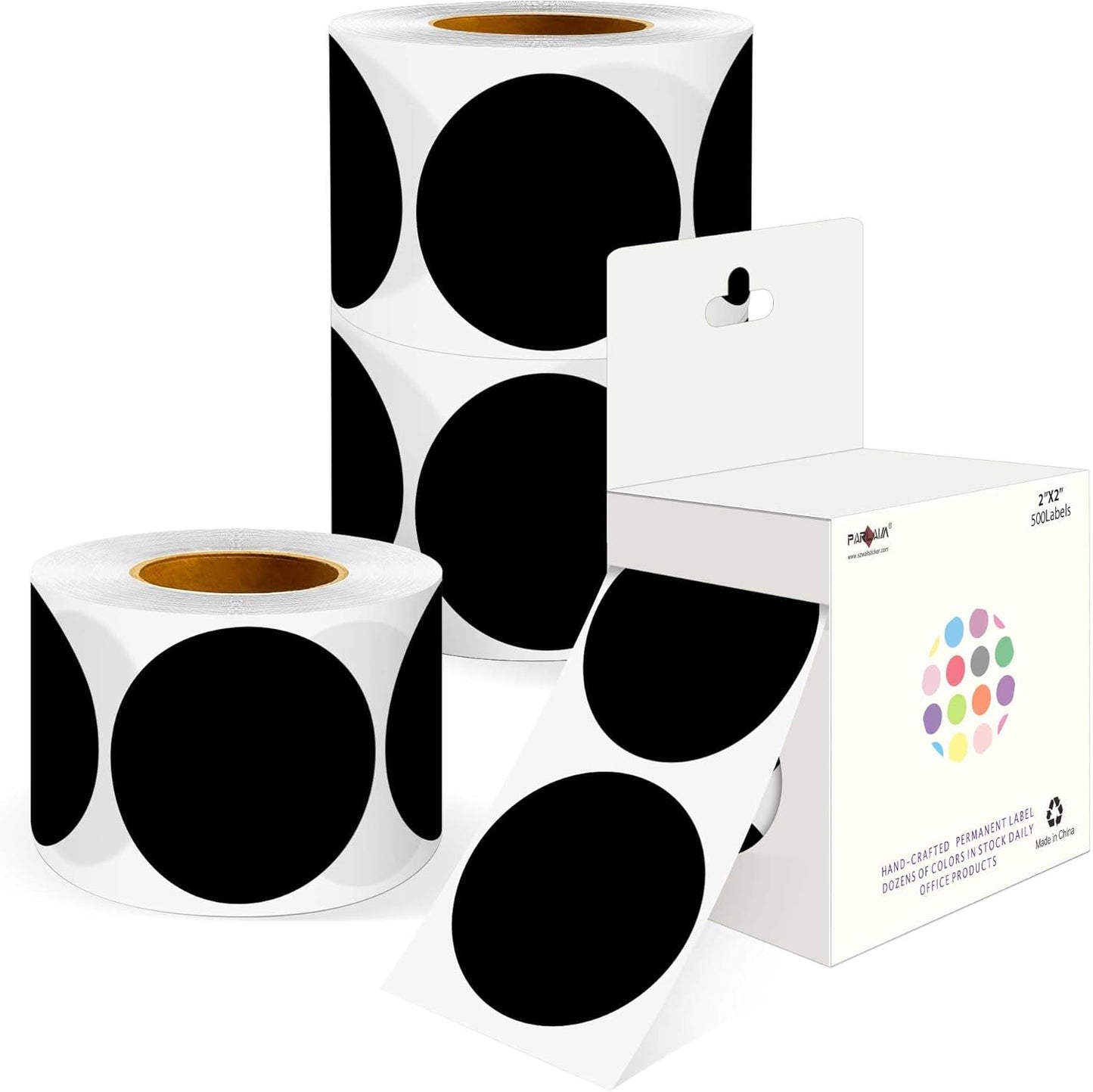 PARLAIM 4 Rolls 2000Pcs Circle Sticker Roll Permanent Adhesive 2 inch Round Dot Color-Code Labels for Inventory, Black