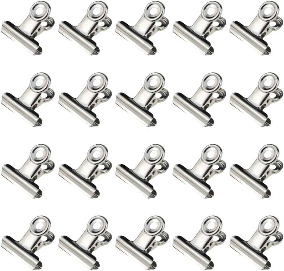 HAHIYO 1.25inch Silver Bulldog Clips Metal File Hinge Binder Clips Clamps Save Space Strong Spring Jaws Rock Solid Grip Book Lay Flat Deburred Edge for Hang Photos Wall Grid Dog Food 20PCS