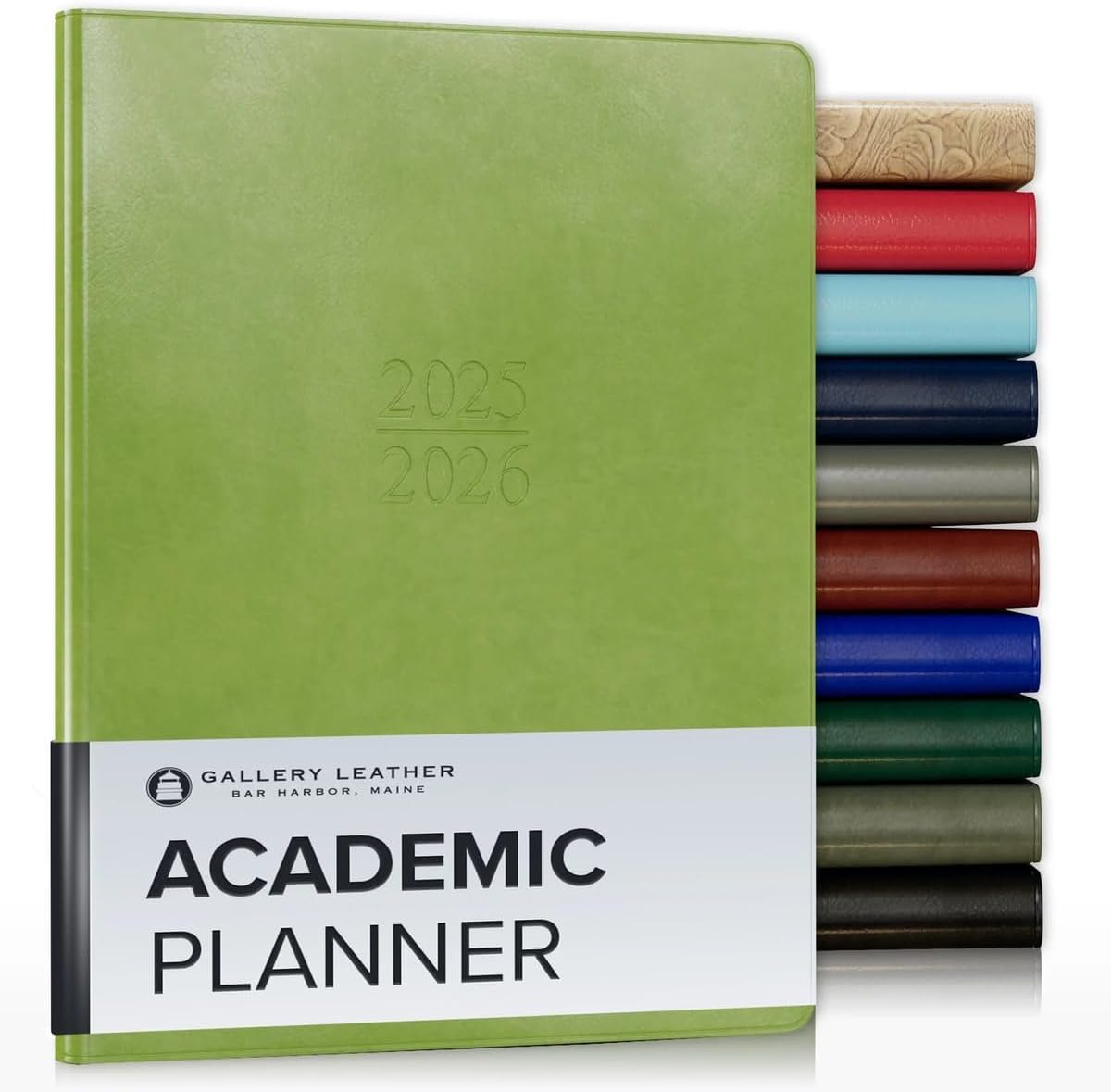 Gallery Leather Academic Planner 2025-2026, Teacher and Student Weekly Monthly Planner, Elegantly Bound Calendar with Gold-Gilded Page Edges, 18 Months - Acadia Lime - 9x7"
