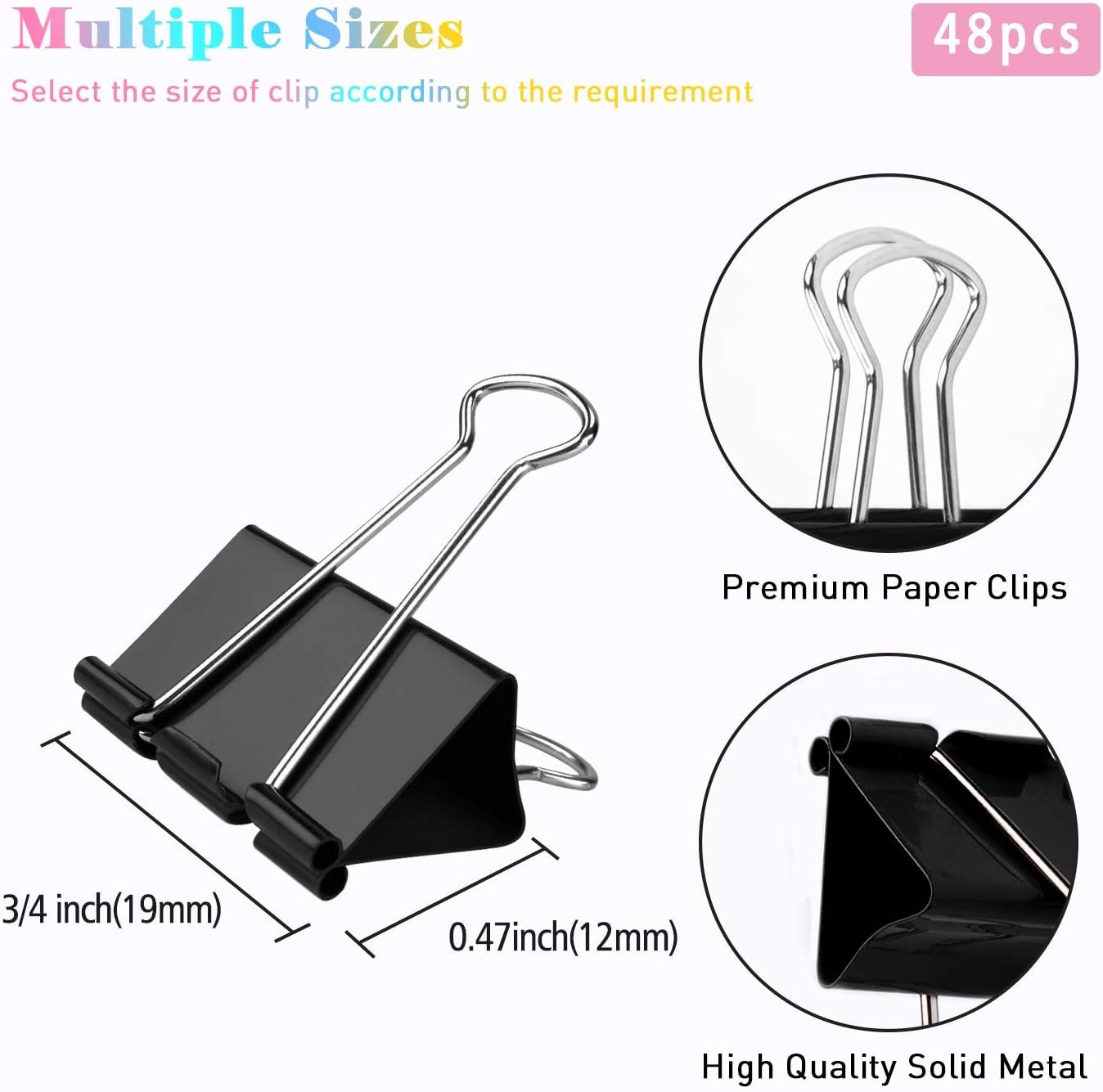 Small Binder Clips, 48 Pack, 3/4 Inch, Standard 19mm, Black, Capacity 0.31 Inch, Mini Paper Clips, Fold Clamp, Office and School Supplies