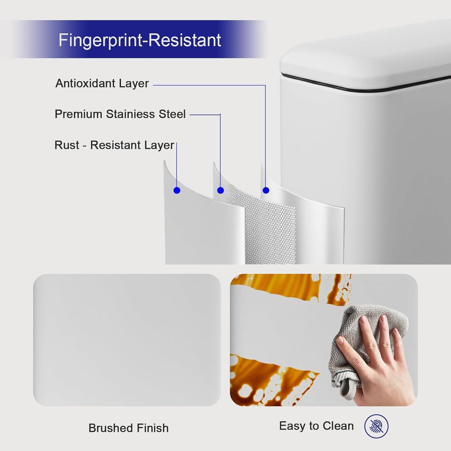 Bathroom Trash Can with Lid，5 Liter / 1.3 Gallon Small Trash Can with Removable Liner Bucket, Soft Close lid & Step Pedal, Stainless Steel Trash Bin for Bathroom,Bedroom,Home Office, White