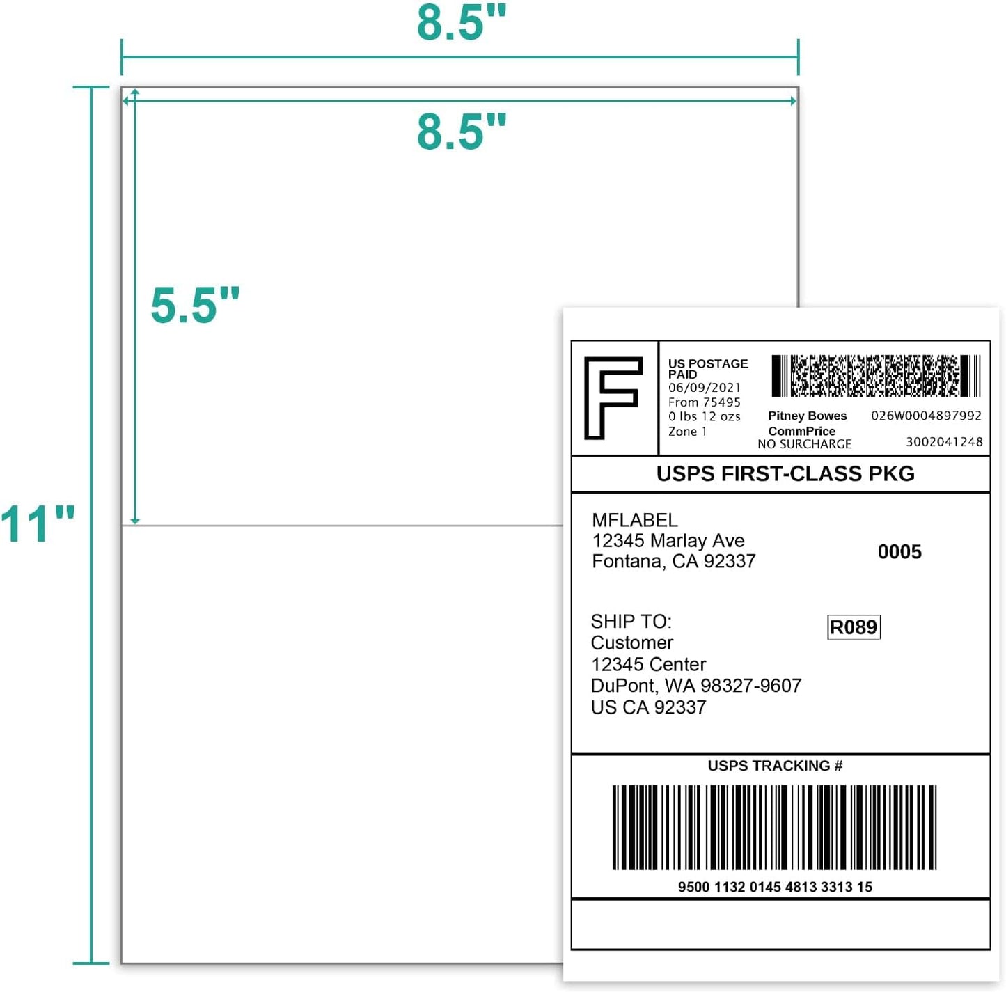MFLABEL Half Sheet Label Laser/Ink Jet USPS UPS FedEx Shipping Label 8.5 x 11 Inches Packaging Labels, Address Labels for Laser & Inkjet Printers, 5000 Count(2500 Sheets)