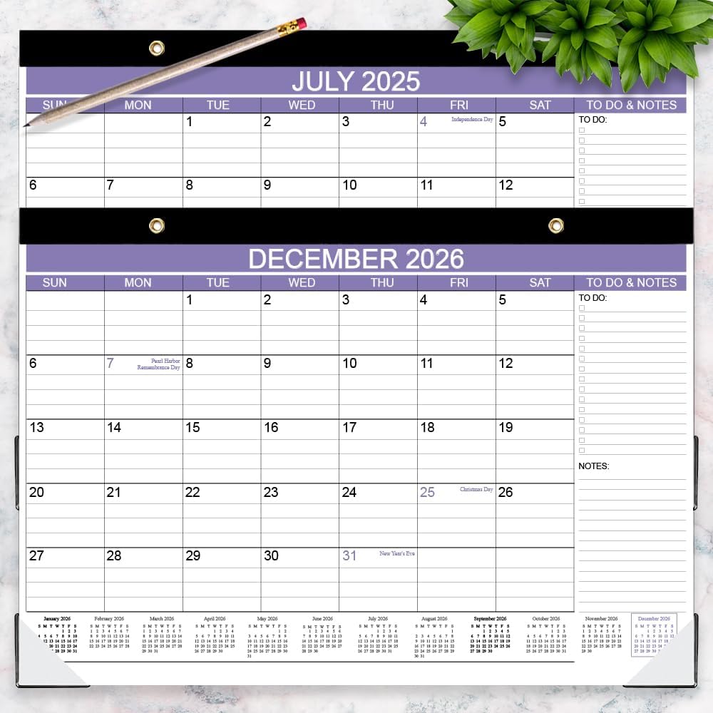2025-2026 Desk Calendar - 18 Months Calendar from July 2025 - December 2026, Desk Calendar 2025-2026 with to-do List, 12" x 17", Purple