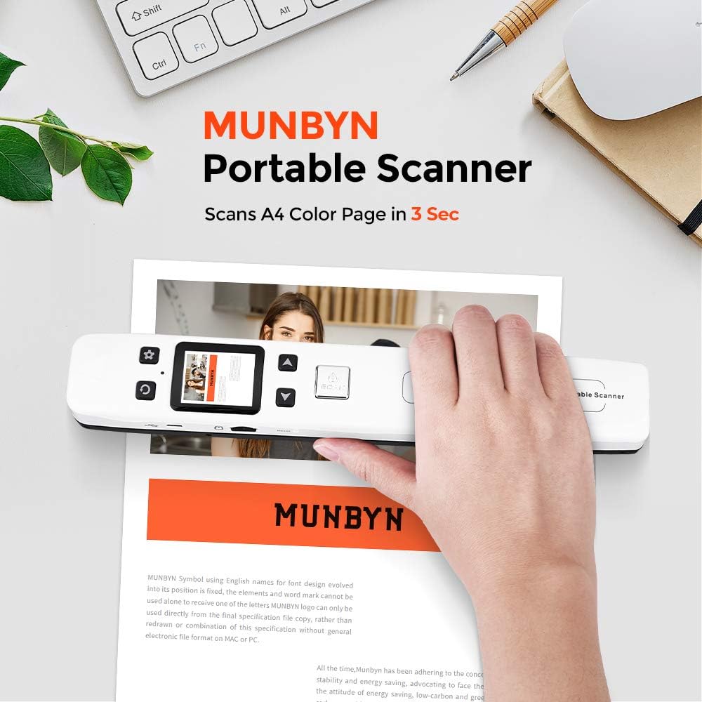 MUNBYN Portable Scanner, Photo Scanner for Documents, Pictures, Texts at 1050 DPI, Flat Scanning, Includes 16GB SD Card, Uploads Images to Computer via USB or Built-in Wi-Fi, No Driver Needed White
