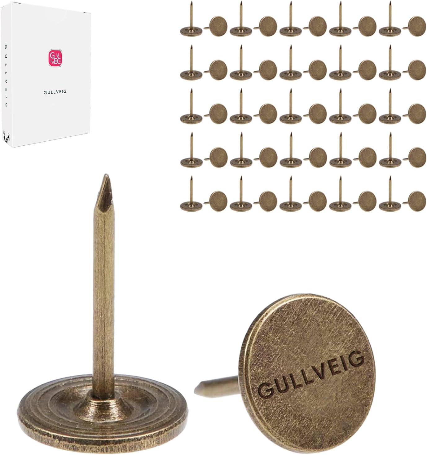Gullveig Bronze Push Pins and Thumb Tacks: Heavy Duty Flat Upholstery, Long Carpet Tacks, and Decorative Nails for Wood and Fabric, 50 Count