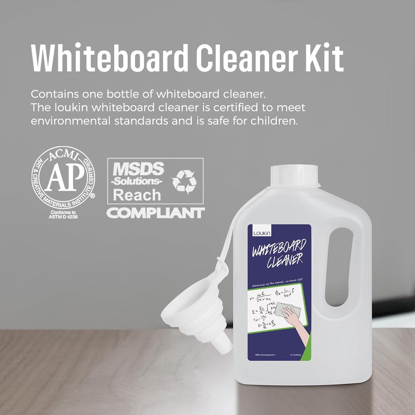 loukin Whiteboard Cleaner, 33.8 Fl Oz Dry Erase Board Cleaner Ready-to-Use Refill, Connected Collapsible Silicone Funnel for Canned Liquid, Removes Whiteboard Stains