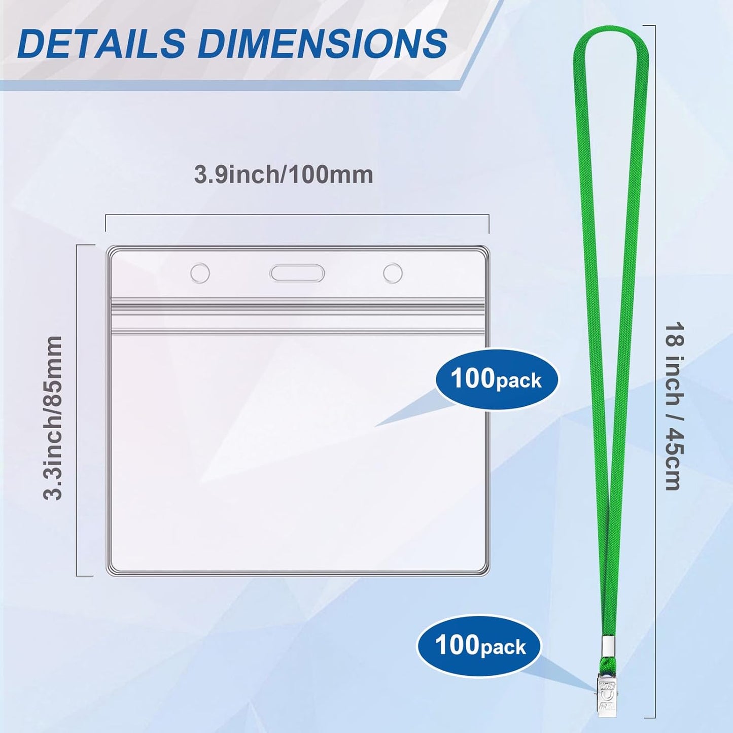 100Pcs Lanyards for ID Badges and 100 Pcs Clear Plastic Horizontal Name Badge ID Card Holders, Flat Neck Lanyards with Clip Waterproof Resealable Name Tag Badge ID Card Holders (Green)