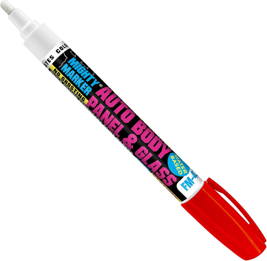 FM-43 Auto Body and Glass Paint Marker, No-Ghost, Highly Water-Resistant, 2.3mm Bullet Tip, Valve Action, 6 Bonus Reversible Tips, Made in USA - Fl. Red 6 Pack
