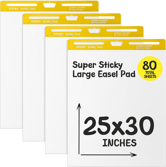 ReliThick 4 Pack Sticky Easel Pad, 25 x 30 In, White, 20 Sheets/Pad, Flip Chart Paper for Teachers, Large Sticky Chart Paper for Wall, Self Stick Easel Pad for Office School Classroom