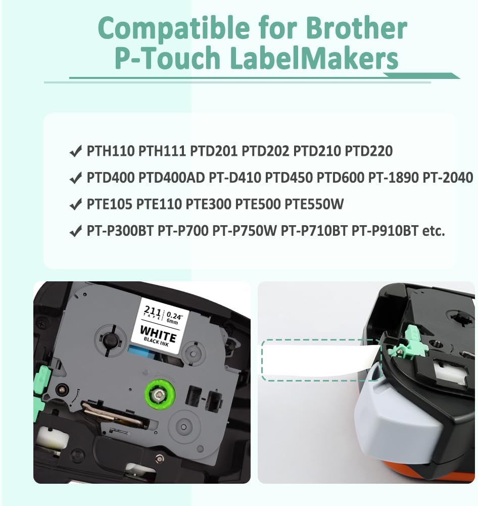 6-Pack 6mm 0.23" Laminated Tape Compatible for Brother P Touch Label Tape 6mm Tze211 Tze111 Tze411 Tze511 Tze611 Tze711 1/4" Tze Tz 0.23" Label for PTD220 PTH100 PTH110 PTD202 PTD210