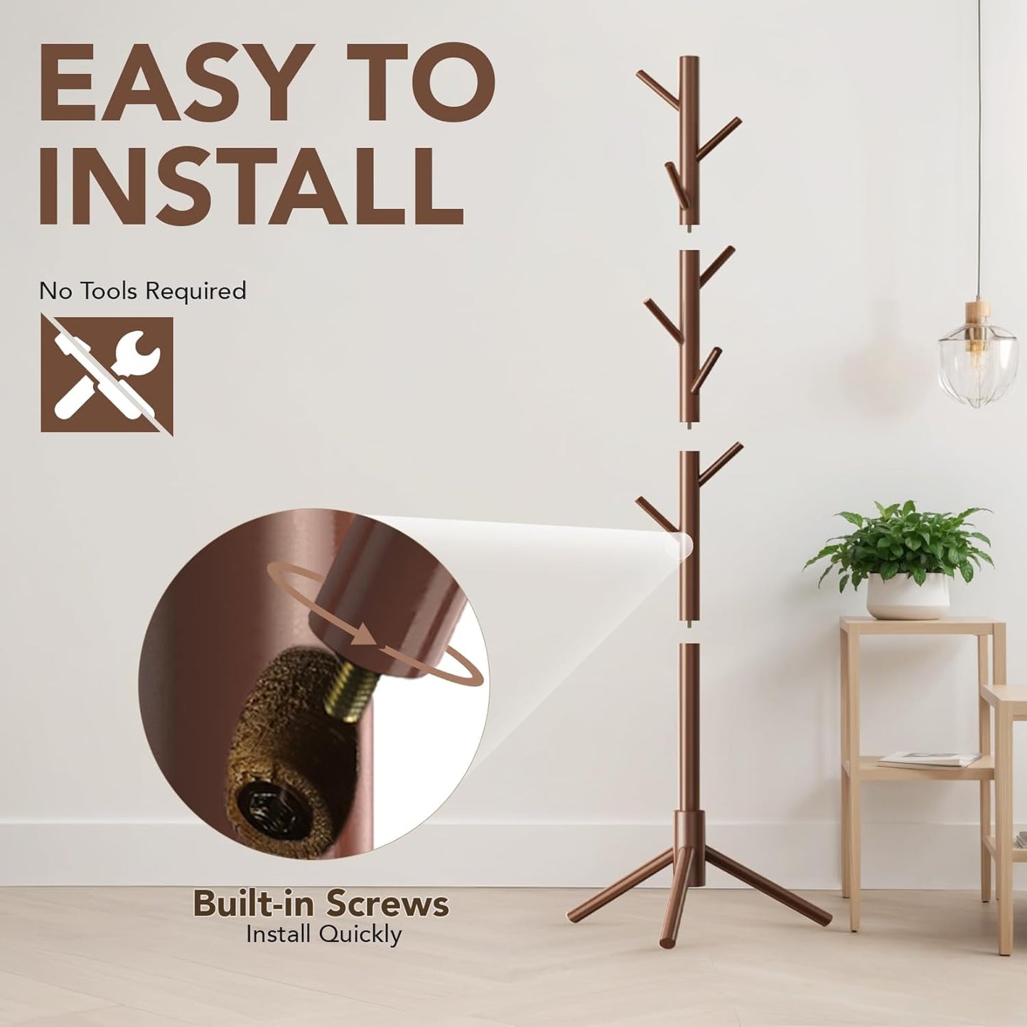 Wooden Tree Coat Rack Stand,Sturdy Freestanding Coat Rack with 8 Hooks,3 Adjustable Height for Child Adult,Wood Coat Stand Tree Fits Entryway Bedroom Office for Bags,Hats, 2 Pack