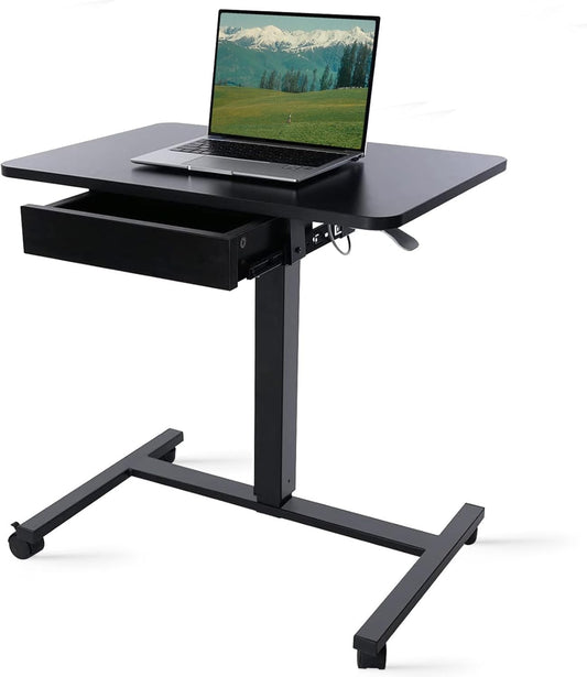 CLATINA Mobile Laptop Standing Desk, Height Adjustable Teacher Podium with Lockable Wheels, Adjustable Work Table with Drawer, Computer Cart Overbed Table for Home Office Classroom, Black