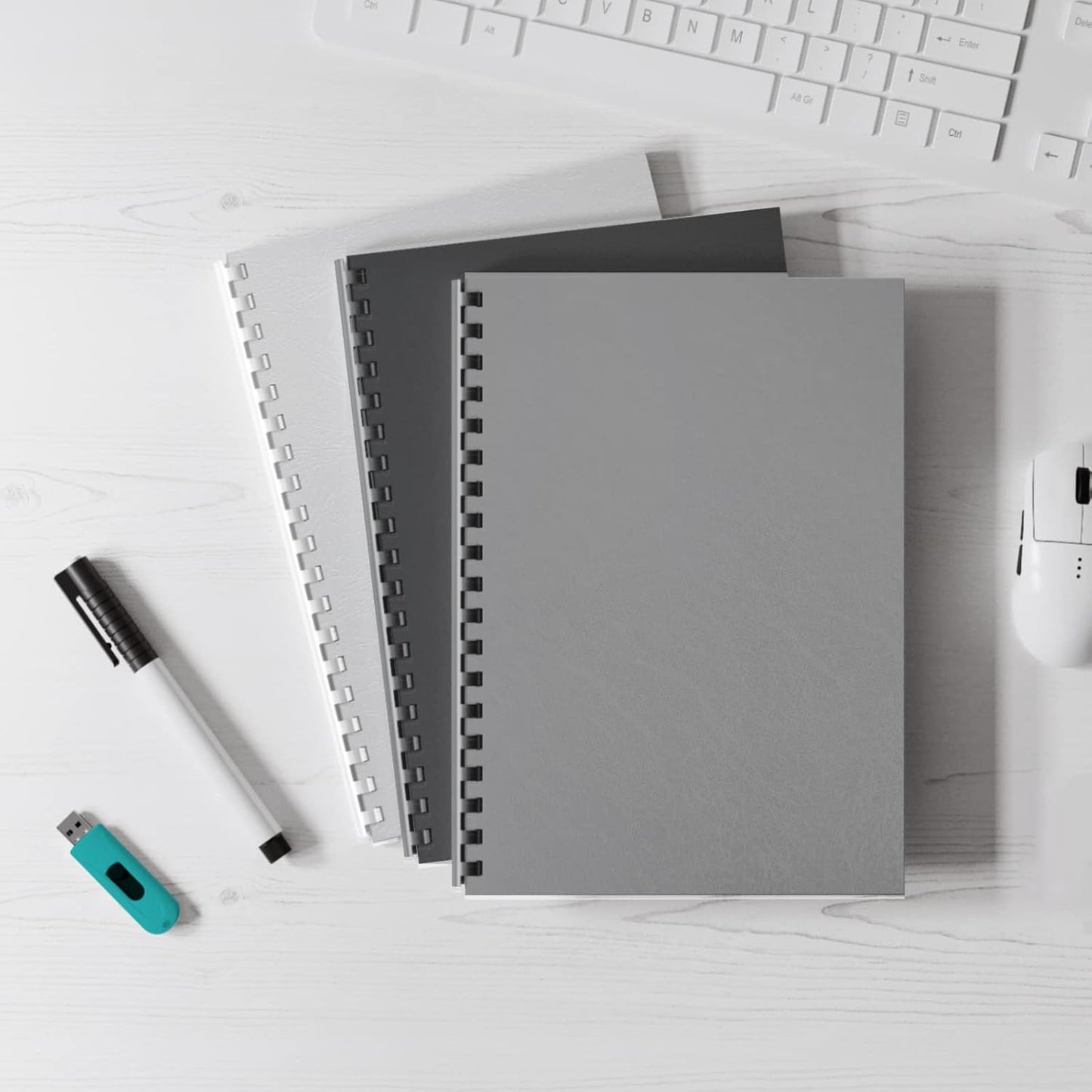 Binditek 50 Pack 16 Mil Leather Textured Polycovers - Binding Presentation Covers for Business Reports and Proposals 8-1/2 x 11 Inches, Grey Color, for Students and Coworkers