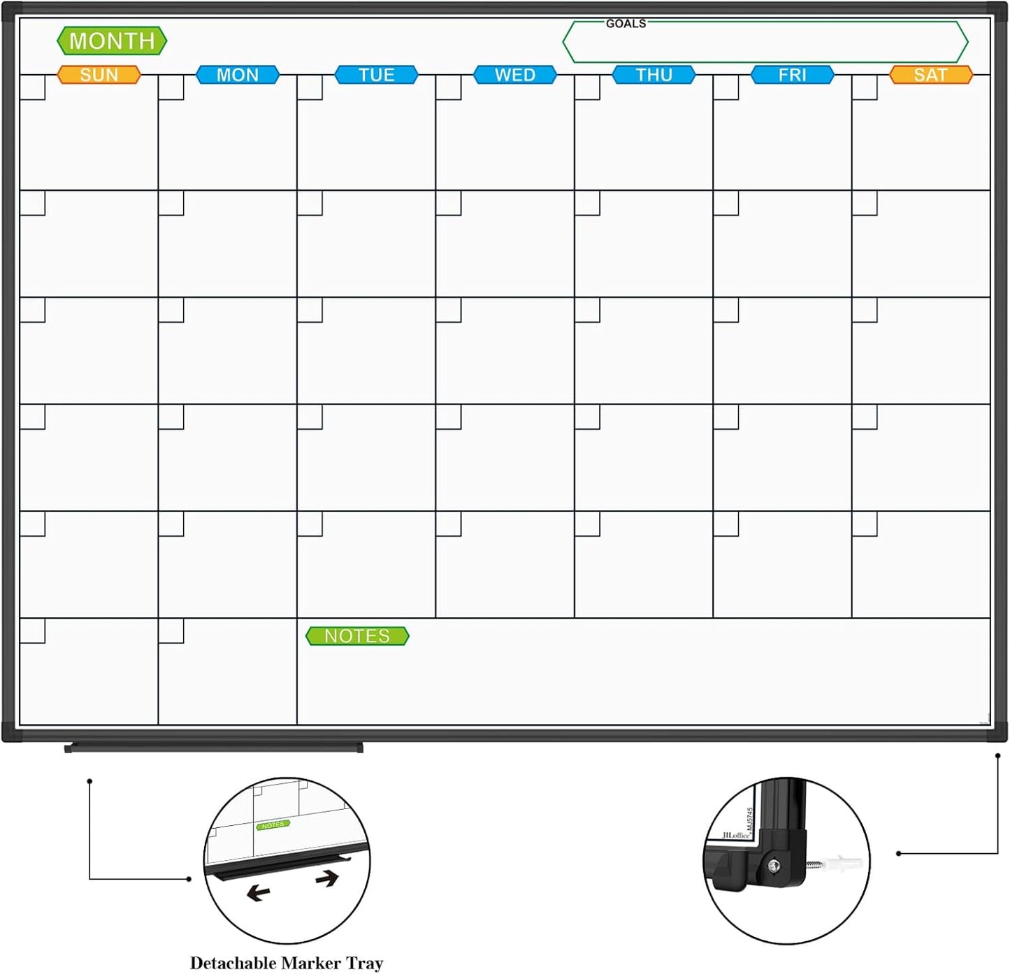 JILoffice Magnetic Dry Erase Calendar Whiteboard, 1 Month White Board Calendar Planner 48 X 36 Inch, Black Aluminum Frame Wall Mounted Board for Office Home and School