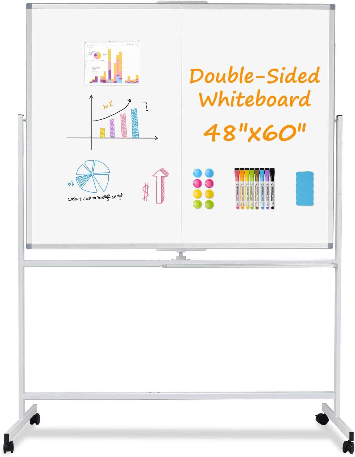 WALGLASS Rolling Whiteboard on Wheels, 60"x48" Double-Sided Dry Erase White Board with Stand, Large Magnetic Whiteboard, Giant Portable Standing Whiteboards for Office, School, Home, Classroom 5x4 ft