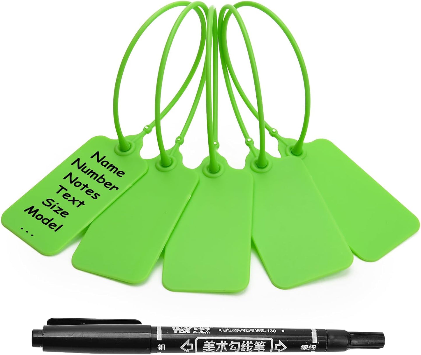 100 Green Blank Plastic Tags for Labeling Waterproof Hanging Labels Writable Tags Seal Plastic Marking Label for Clothes Bags Keys Inventory with One Marker Pen