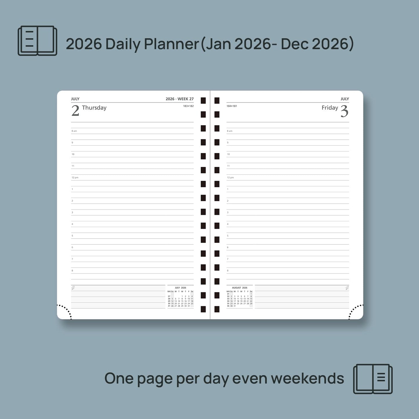 POPRUN 2026 Daily Planner One Page A Day - [8.5" x 5.75" Wire-Bound Hard Cover] Agenda 2026 Hourly Appointment Book with Monthly Calendar, Inner Pocket, Ivory Paper - Orange