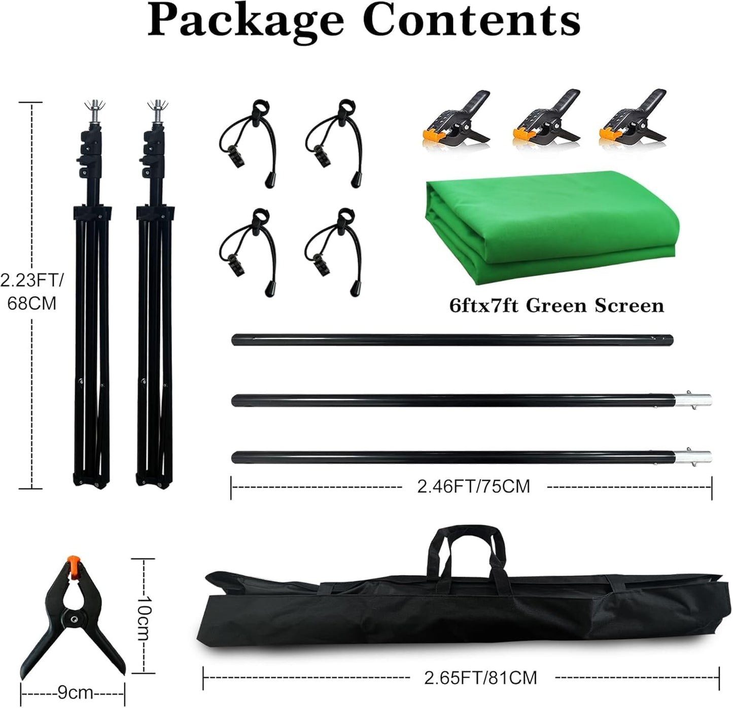 2 in 1 Green Backdrop Stand Kit, 6.5x6.5 ft Portable Dual Rod Stand kit with 6x7ft Green Backdrop-Premium Polyester for Video Streaming, Portrait Photoshoot, Wall Mounted, Parties