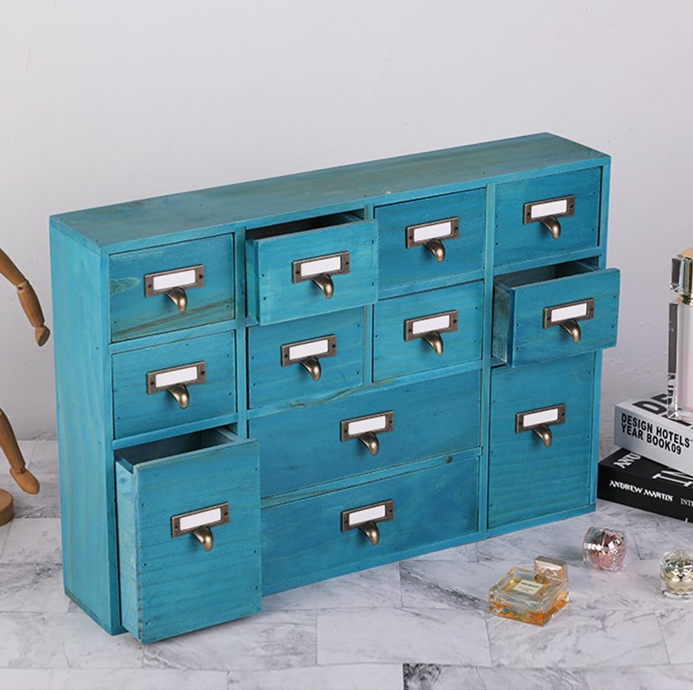 12 Drawers Apothecary Cabinet with Drawers Tabletop Apothecary Drawers Library Card Catalog Cabinet Medicine Cabinets Wood Desk Organizer Wooden Storage Box (Blue)