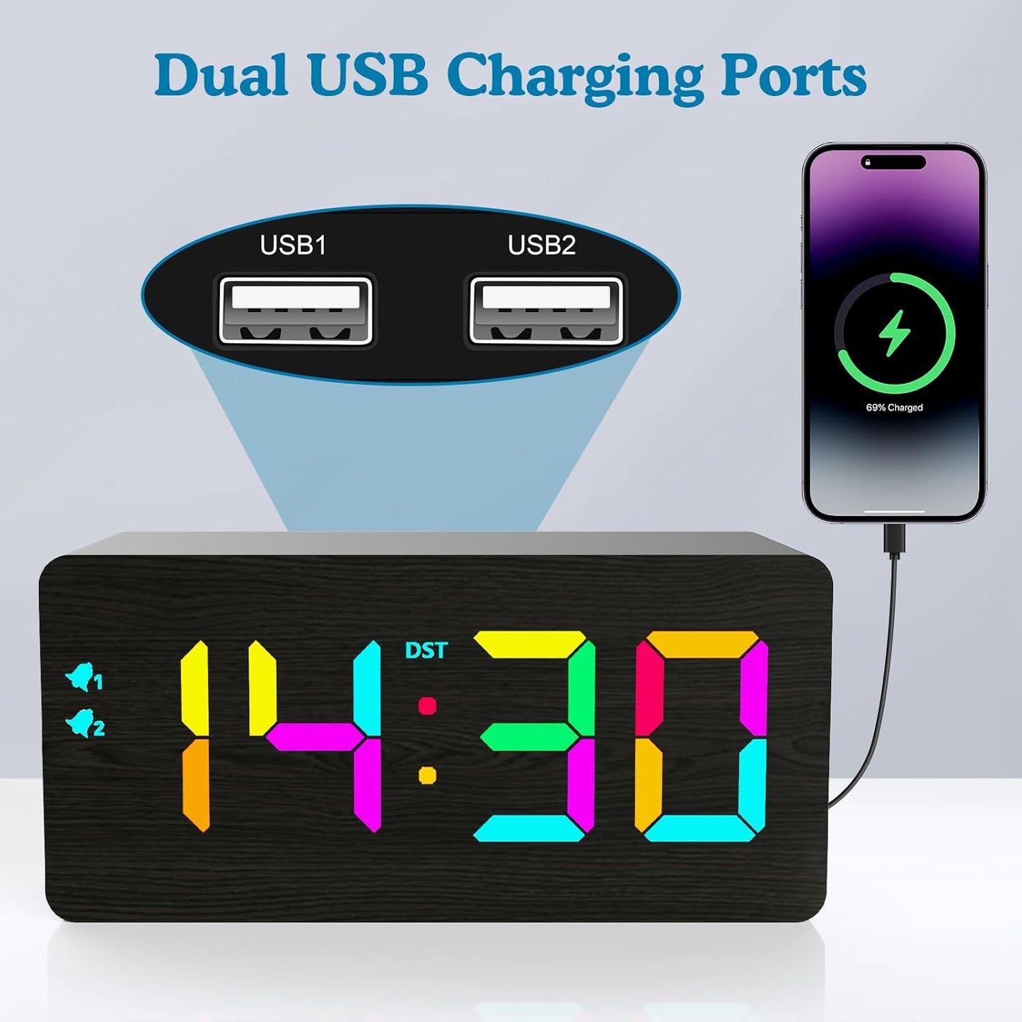 Wooden Digital Alarm Clock with Fast Wireless Charger, Dual USB Charging Ports, DST, Dimmable, Snooze, RGB Large Number Display LED Clock for Bedrooms, Living Room, Desk, Table, Bedside(Black)