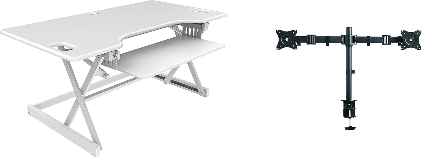 Rocelco 46" Large Height Adjustable Standing Desk Converter with Double Monitor Mount BUNDLE - Quick Sit Stand Up Computer Workstation Riser - Retractable Keyboard Tray - White (R DADRW-46-DM2)